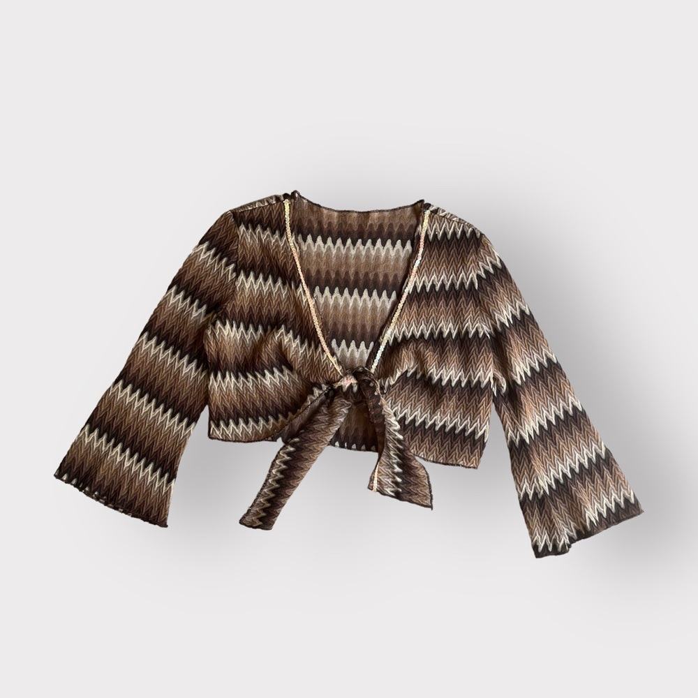 Vintage Brown Chevron Front Tie Cropped Bell Sleeve Cardigan Y2K Hippie